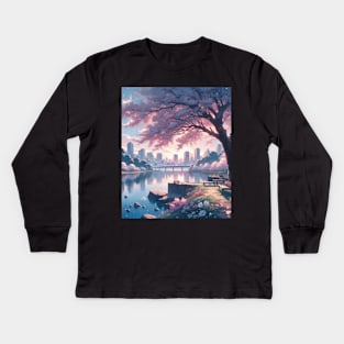 The Cherry Blossom and Lake - Anime Drawing Kids Long Sleeve T-Shirt